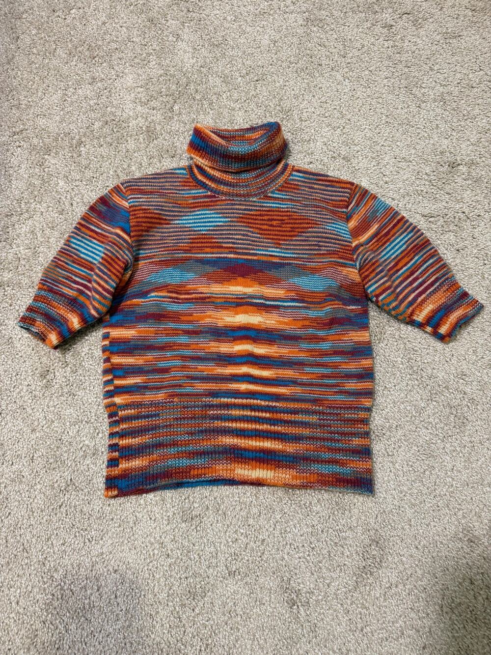 Handmade Multicolor Space Dye Knit Turtleneck Sweater Short Sleeve Retro
